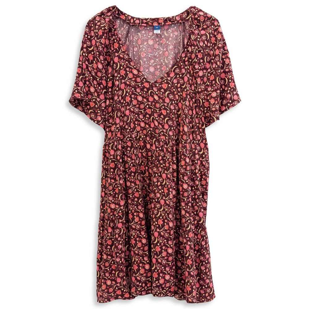 Old Navy Mini Dress Womens XXL Burgundy Floral Tiered Boho Short Sleeve V-Neck